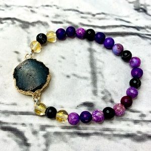 Black Solar Quartz Beaded Stretch Bracelet with Purple Jasper Beads